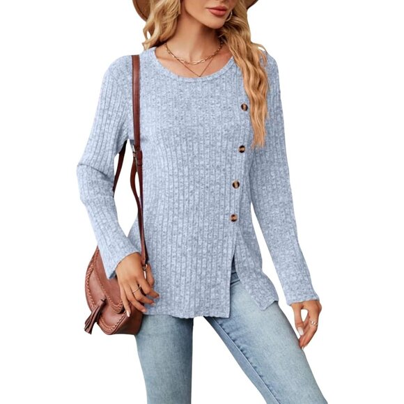 Women Long Sleeve Lightweight Tunic Sweater Fashion Button Side Slit - Picture 1 of 5